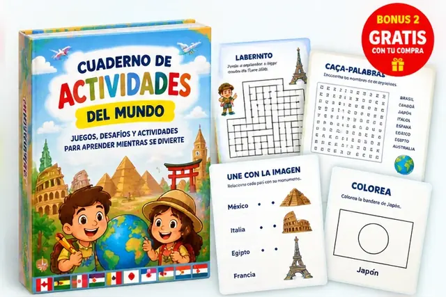 Cuaderno de actividades del mundo con juegos, laberintos y retos