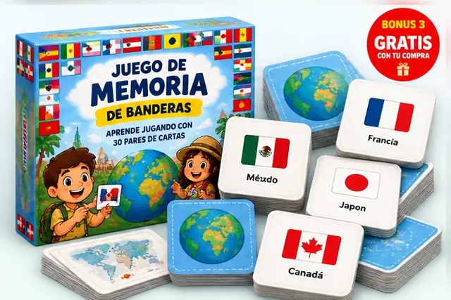 Juego de memoria de banderas con cartas de distintos países