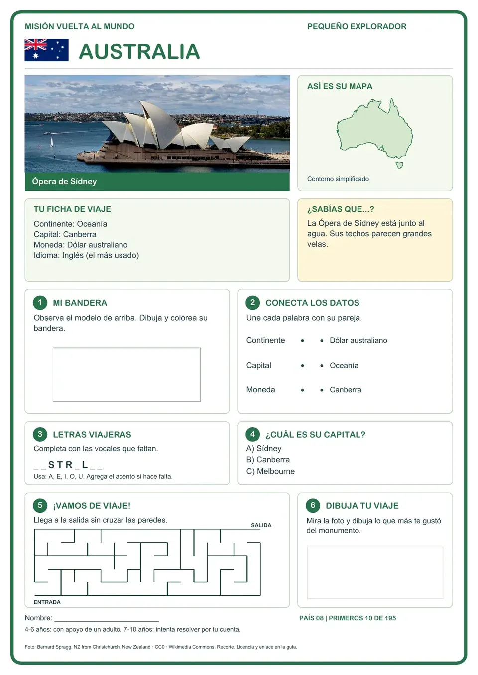 Página de muestra: bandera, mapa, datos y actividades sobre Australia