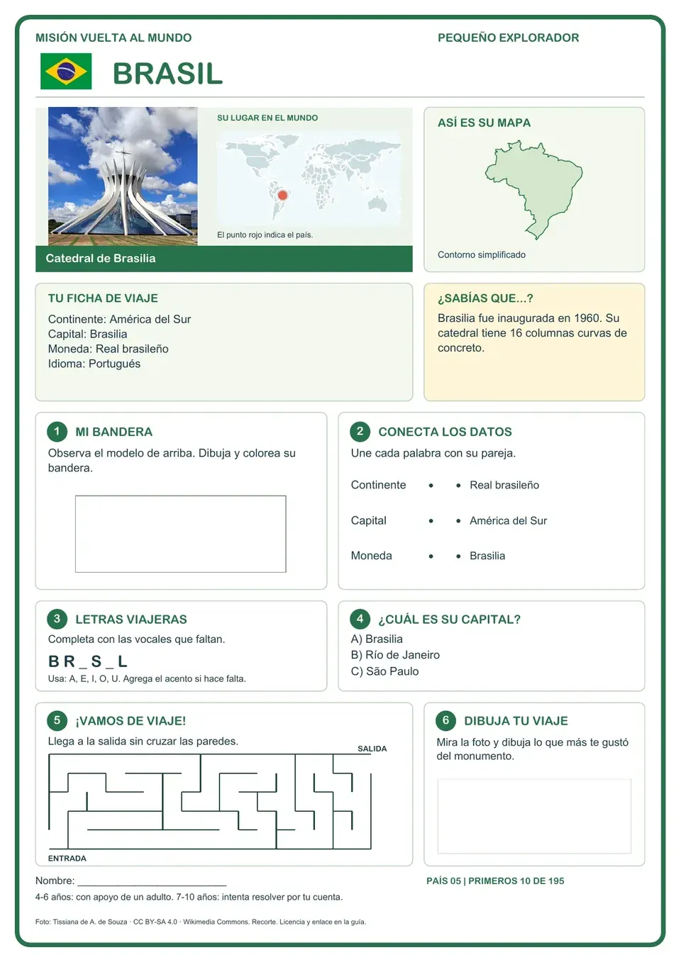 Página de muestra: bandera, mapa, datos y actividades sobre Brasil