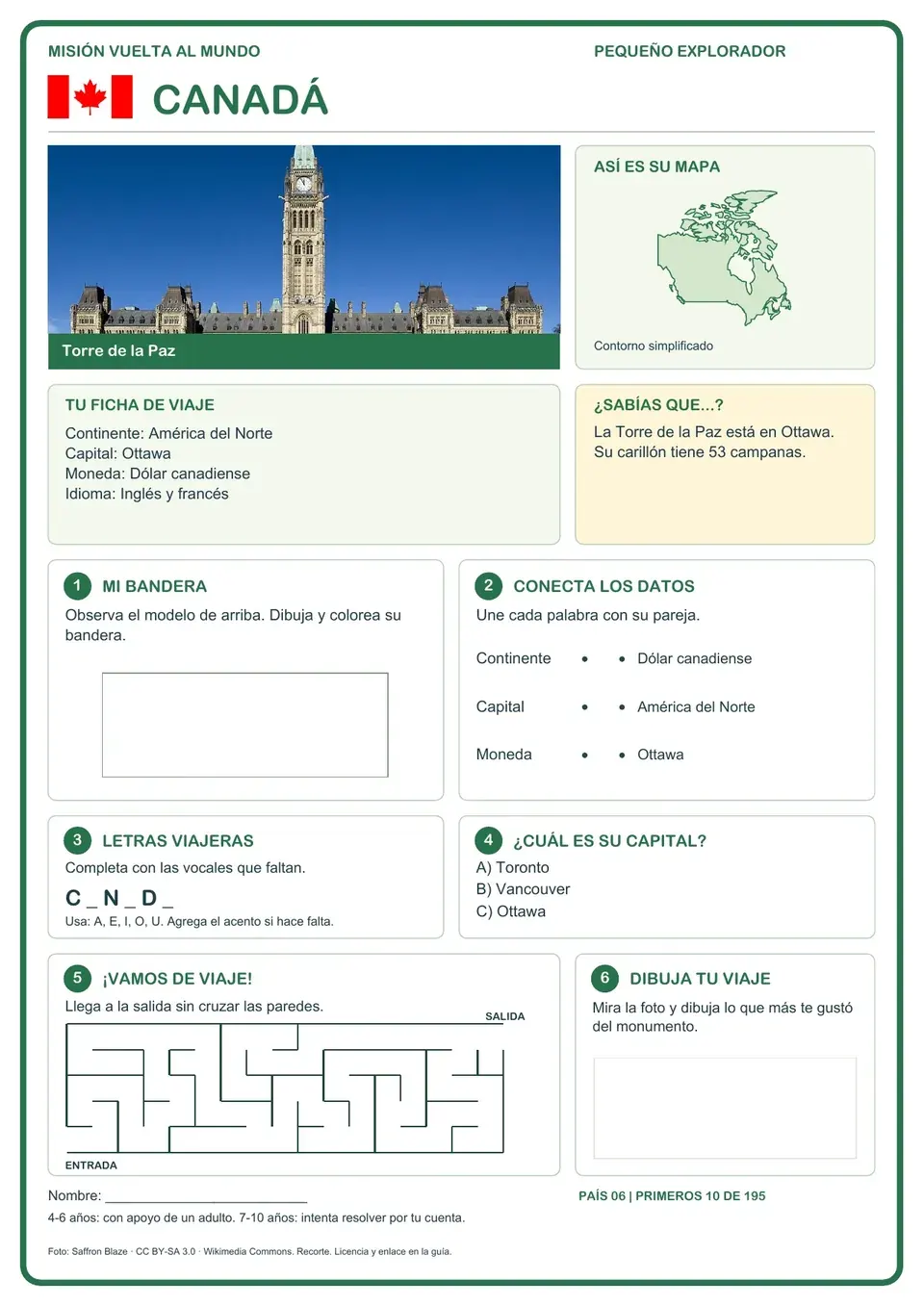 Página de muestra: bandera, mapa, datos y actividades sobre Canadá