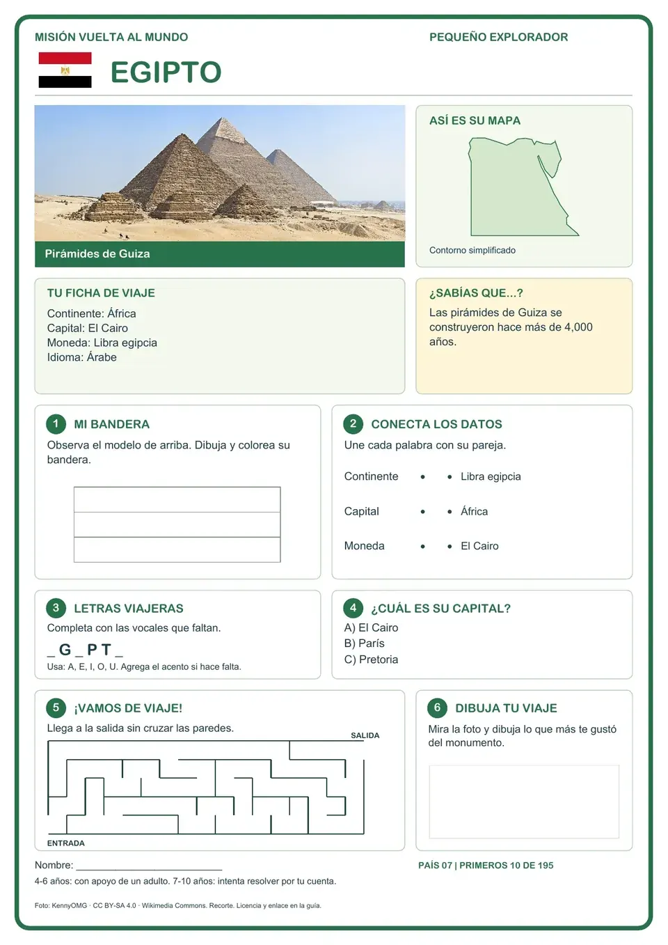 Página de muestra: bandera, mapa, datos y actividades sobre Egipto