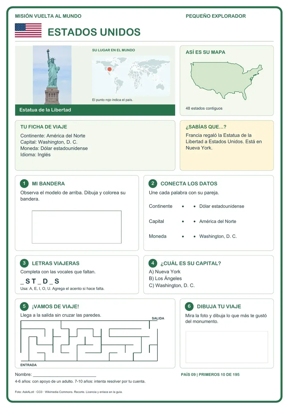 Página de muestra: bandera, mapa, datos y actividades sobre Estados Unidos