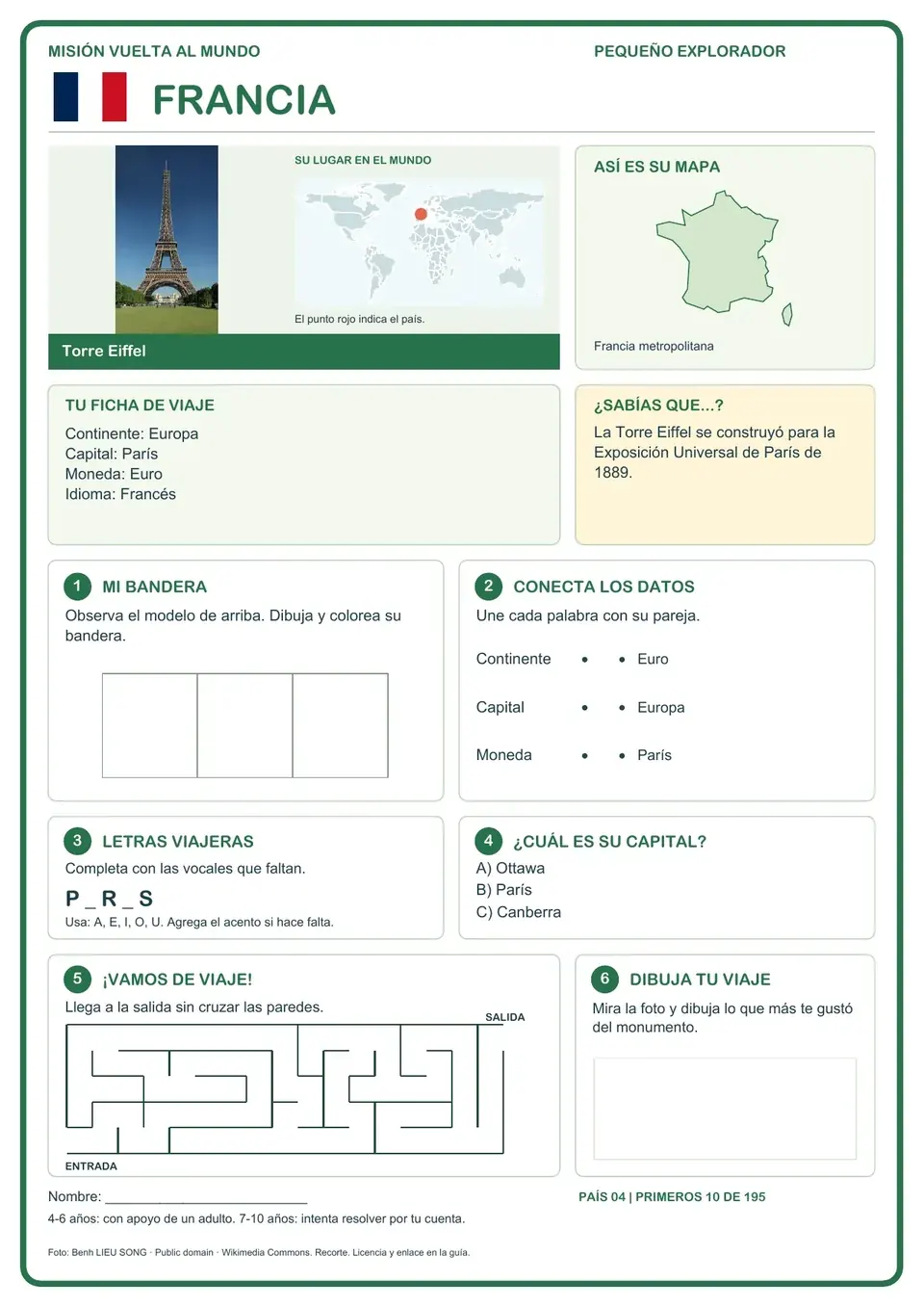 Página de muestra: bandera, mapa, datos y actividades sobre Francia