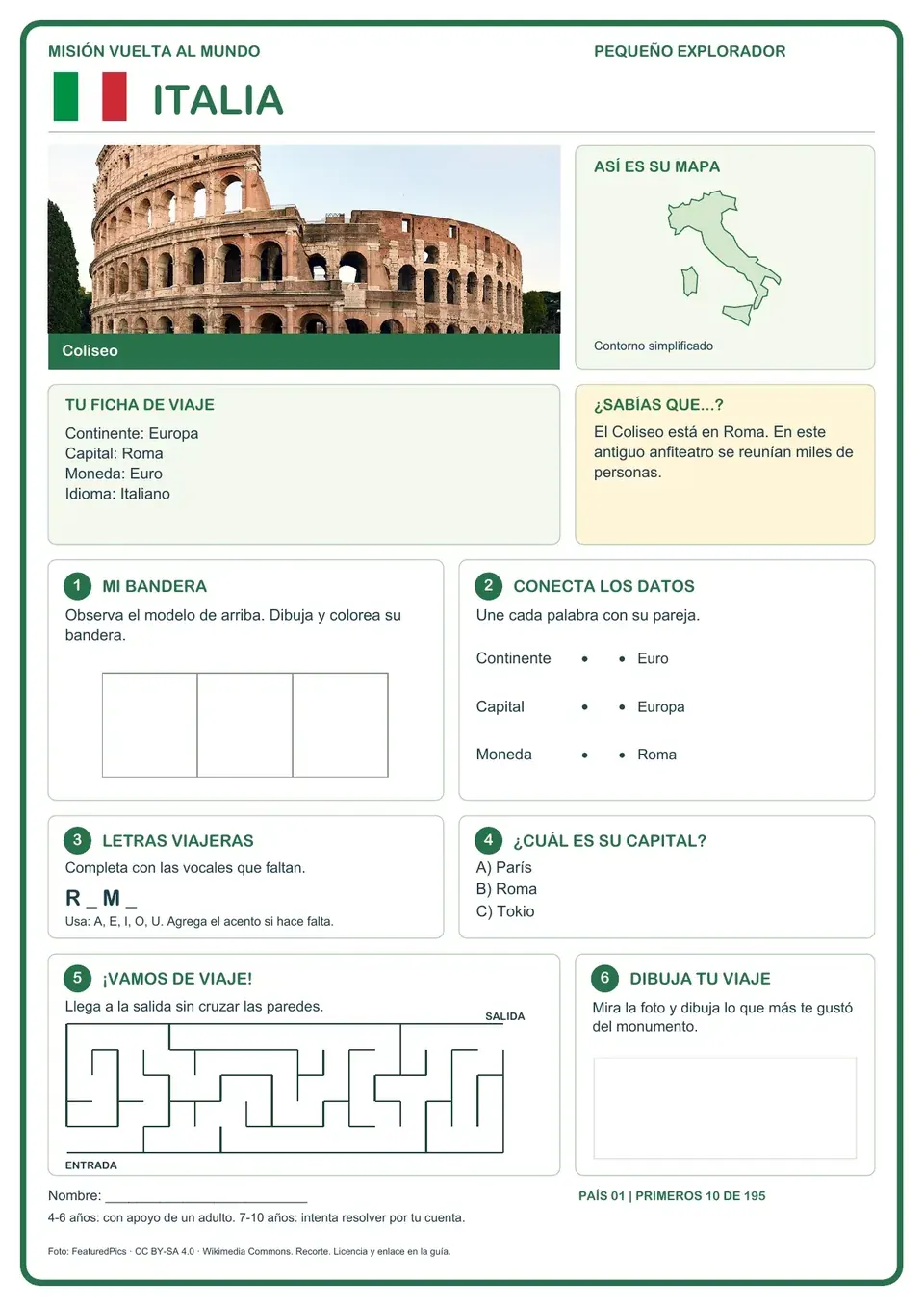 Página de muestra: bandera, mapa, datos y actividades sobre Italia
