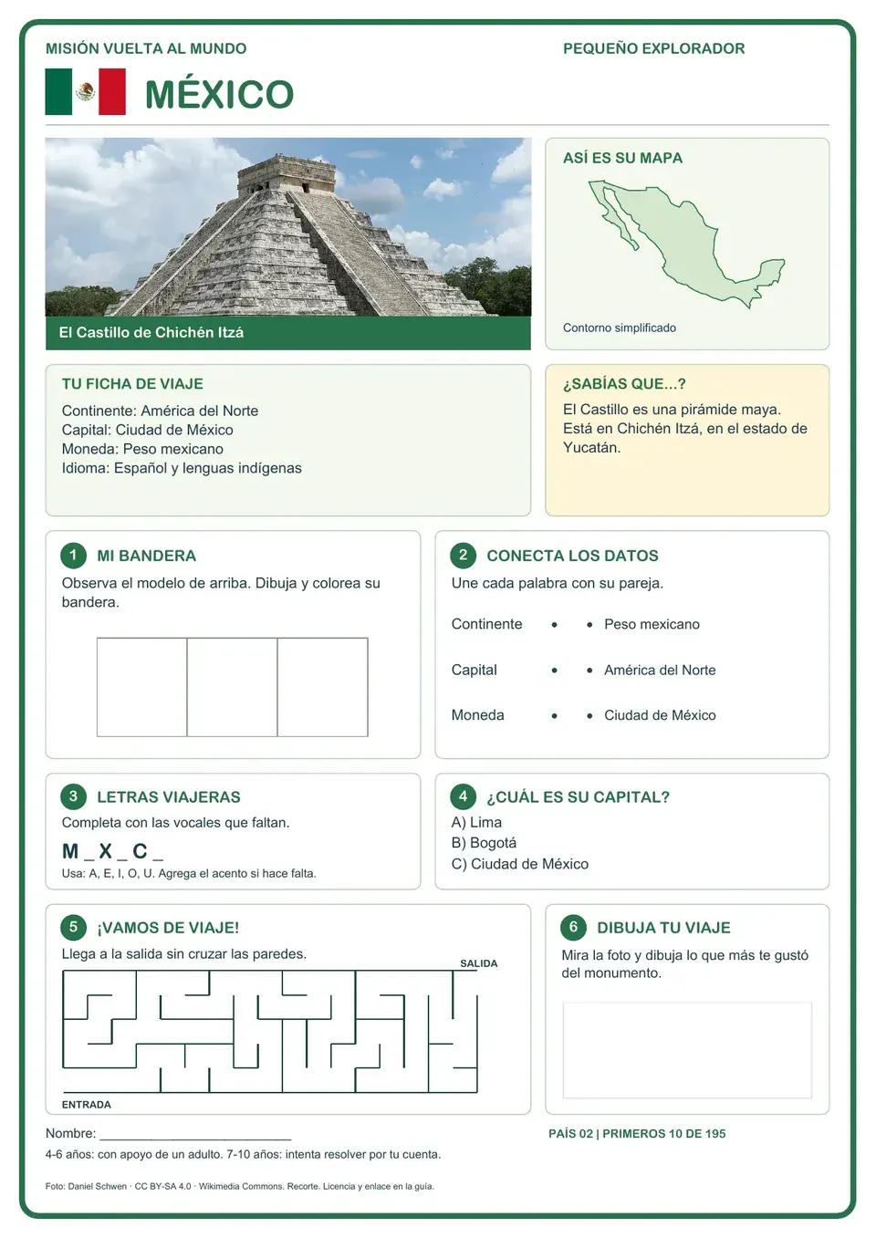 Página de muestra: bandera, mapa, datos y actividades sobre México
